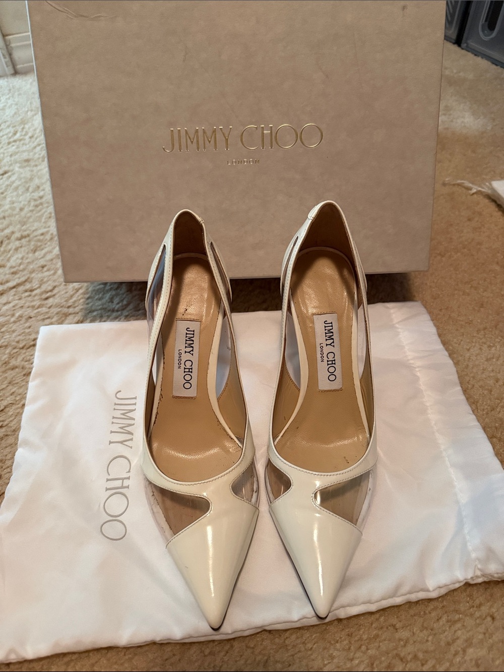 Jimmy Choo White Patent Pointed-Toe Pumps with Clear Panels